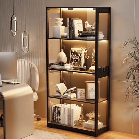 Black Glass Display Cabinet with LED Lights & Motion Sensor – 4 - Tier Curio Cabinet for Collectibles and Storage BC037 - with | Sold by Uncle Wiener's Wholesale