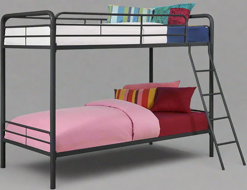 “Twin over twin black metal bunk bed with angled ladder”
“Space-saving kids bunk bed for low ceilings”
“Black metal bunk bed with safety rails and modern design”