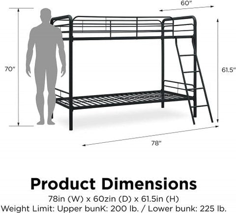 “Twin over twin black metal bunk bed with angled ladder”
“Space-saving kids bunk bed for low ceilings”
“Black metal bunk bed with safety rails and modern design”
