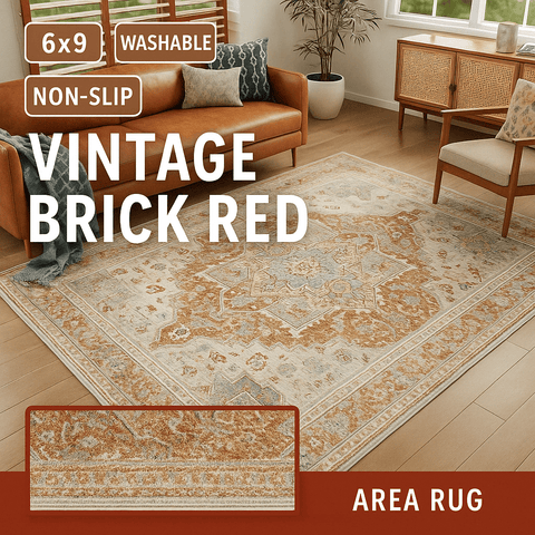 Brick Red Vintage 6x9 Area Rug – Washable, Non - Slip Indoor Carpet for Living Room, Kitchen & Office | Open Box - Vintage Washable Area Rug (Indoor Use, 6x9) with Vintage Brick Red Multi | Sold by Uncle Wiener's Wholesale