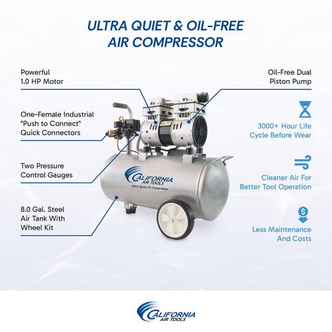 California Air Tools 8.0 Gal. 1.0 HP Ultra Quiet and Oil - Free Electric Air Compressor - with | Sold by Uncle Wiener's Wholesale