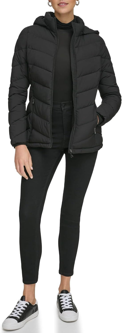 Calvin Klein womens Long Lightweight Hooded Puffer JacketDown Coat, size XS - with | Sold by Uncle Wiener's Wholesale