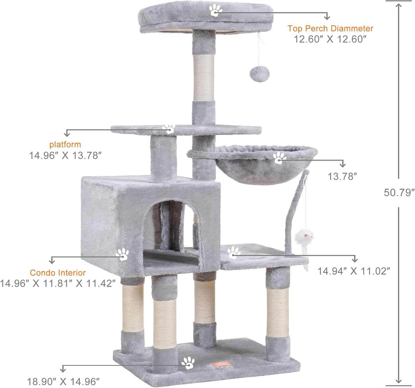 Cat Tree Tower Condo with Hammock & Scratching Posts – Plush Perch & Toy Light Gray HCT004SW - with | Sold by Uncle Wiener's Wholesale
