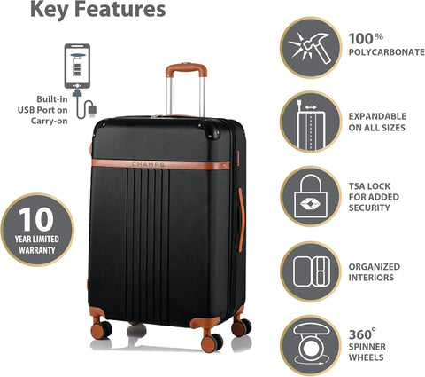 CHAMPS – ‘VINTAGE COLLECTION’ - 2 - PIECE HARDSIDE SPINNER LUGGAGE SET, BLACK - with | Sold by Uncle Wiener's Wholesale