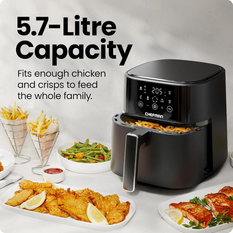 Chefman 5.7L Air Fryer, Touch Controls with 4 Presets, Compact Air Fryer with Hi - Fry Technology for Extra Crisp, Quick & Easy Meals, Nonstick & Dishwasher Safe Basket, Black - with | Sold by Uncle Wiener's Wholesale