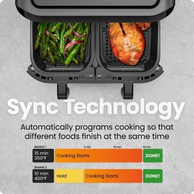 Chefman Dual Basket Digital Air Fryer Oven w/ Easy View Windows, 2 Independent 3 Qt Baskets - Black - with Dimensions (Overall): 11.02 inches (H) x 11.81 inches (W) x 12.99 inches (D) | Sold by Uncle Wiener's Wholesale