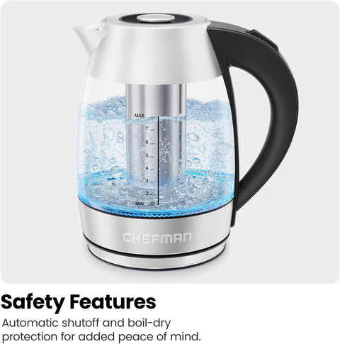 Chefman Electric Glass Kettle, Fast Boiling W/ LED Lights, Auto Shutoff & Boil Dry Protection, Cordless Pouring, BPA Free, Removable Tea Infuser, 1.8 Liters - with | Sold by Uncle Wiener's Wholesale
