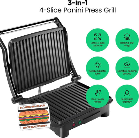 Chefman Panini Press Grill and Gourmet Sandwich Maker, Non - Stick Coated Plates, Opens 180 Degrees to Fit Any Type or Size of Food, Stainless Steel Surface and Removable Drip Tray - 4 Slice - with | Sold by Uncle Wiener's Wholesale