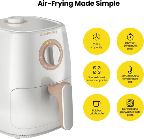 Chefman TurboFry 2 - Quart Air Fryer, Dishwasher Safe Basket & Tray, Use Little to No Oil For Healthy Food, 60 Minute Timer, Fry Healthier Meals Fast, Heat And Power Indicator Light, Temp Control, White - with | Sold by Uncle Wiener's Wholesale
