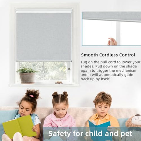 ChrisDowa Cordless 100% Blackout Roller Shade, with Striped Jacquard, Thermal Insulated, UV Protection Fabric, Total Blackout Blinds for Window, French Doors, Home and Office. Light Grey, 34"W x 72"H - with Light Grey | Sold by Uncle Wiener's Wholesale