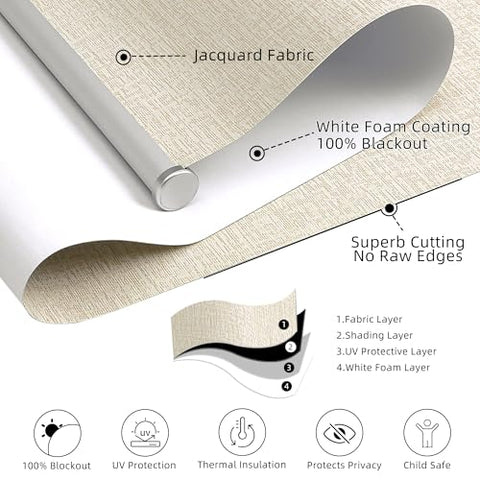 ChrisDowa Cordless 100% Blackout Roller Shade, with Striped Jacquard, Thermal Insulated, UV Protection Fabric, Total Blackout Blinds for Window, French Doors, Home and Office. Beige, 35" W x 72" H - with Beige | Sold by Uncle Wiener's Wholesale