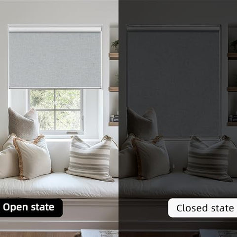 ChrisDowa Cordless 100% Blackout Roller Shade, with Striped Jacquard, Thermal Insulated, UV Protection Fabric, Total Blackout Blinds for Window, French Doors, Home and Office. Light Grey, 47"W x 72"H - with Light Grey | Sold by Uncle Wiener's Wholesale