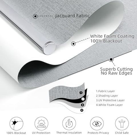 ChrisDowa Cordless 100% Blackout Roller Shade, with Striped Jacquard, Thermal Insulated, UV Protection Fabric, Total Blackout Blinds for Window, French Doors, Home and Office. Light Grey, 34"W x 72"H - with Light Grey | Sold by Uncle Wiener's Wholesale