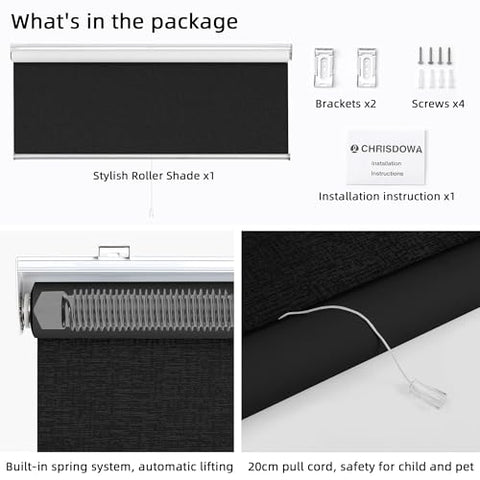 ChrisDowa Cordless Blackout Roller Shade with Spring System Room Darkening UV Protection Jacquard Fabric Blackout Blinds for Indoor Window Shades Pull Down for Home and Office, Black, 24" W x 72" H - with Black | Sold by Uncle Wiener's Wholesale