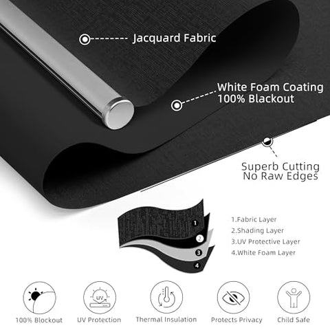 ChrisDowa Cordless Blackout Roller Shade with Spring System Room Darkening UV Protection Jacquard Fabric Blackout Blinds for Indoor Window Shades Pull Down for Home and Office, Black, 24" W x 72" H - with Black | Sold by Uncle Wiener's Wholesale