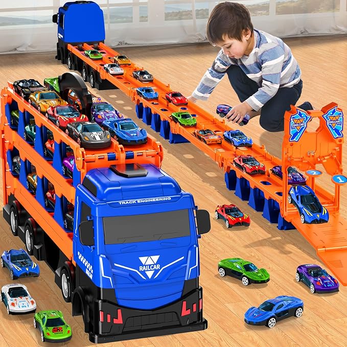Ci Vetch 25-Piece Toy Car Transport Truck & Race Track Set – 24 Die-Cast Cars, 78-Inch Dual-Launcher Racing Track & Portable Car Storage Carrier - Toys with | Sold by Uncle Wiener's Wholesale