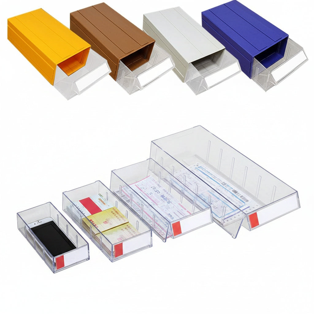 Blue clear connectable drawer storage bin with divider
Plastic hardware organizer with label slots and dividers
Stackable small parts drawer bin for screws and tools
Drawer organizer for workshop or craft room
Clear mini bin for resistors, office supplies, and fasteners