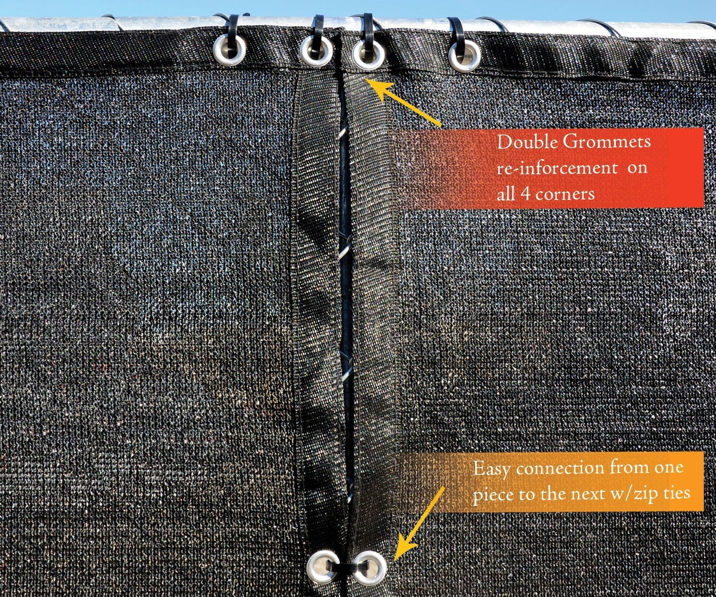 Closeup of reinforced hemmed edge with rust-resistant grommets on fence screen