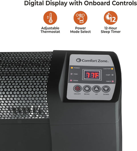 Comfort Zone CZ650B 750/1,500 - Watt Electric Baseboard Space Heater with Digital Thermostat, Dent - Proof End Panels, Overheat Protection System, Safety Tip - Over Switch, & Stay - Cool Body, Black - with | Sold by Uncle Wiener's Wholesale