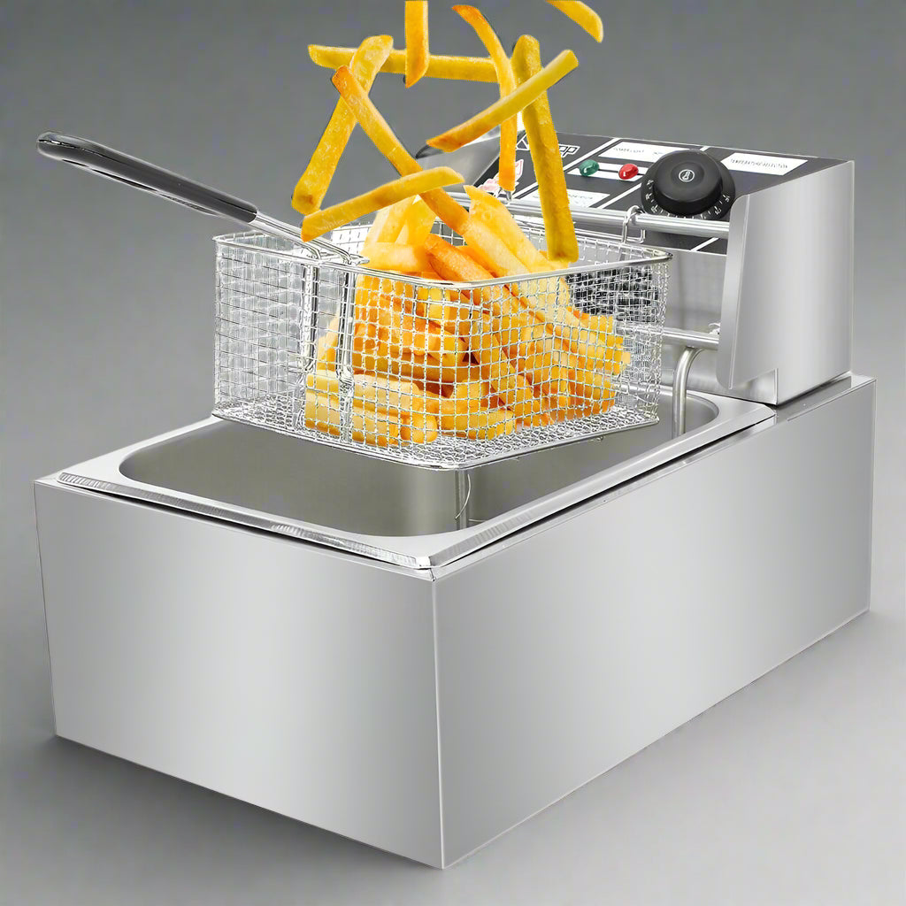 Double tank stainless steel commercial deep fryer with baskets
Single tank electric deep fryer for restaurant use
Stainless steel fryer with fries in basket
Compact 6L fryer for countertop kitchens
Commercial kitchen deep frying setup with accessories