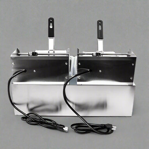 Double tank stainless steel commercial deep fryer with baskets
Single tank electric deep fryer for restaurant use
Stainless steel fryer with fries in basket
Compact 6L fryer for countertop kitchens
Commercial kitchen deep frying setup with accessories