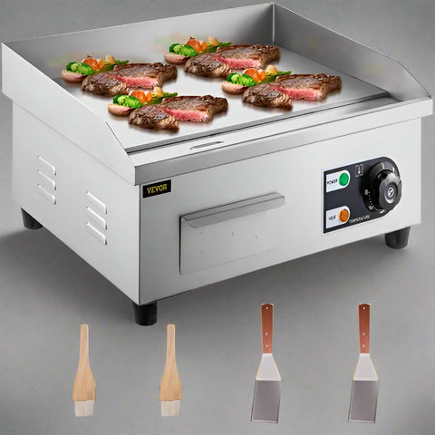 Stainless steel 14-inch electric countertop griddle with eggs and vegetables
30-inch commercial electric flat-top grill with accessories
Non-stick restaurant griddle with oil drain system
Electric griddle set with spatulas and splash guard
Heavy-duty commercial griddle for diner use