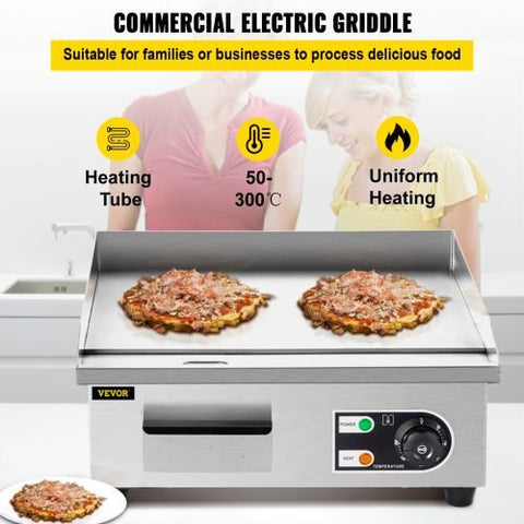 Stainless steel 14-inch electric countertop griddle with eggs and vegetables
30-inch commercial electric flat-top grill with accessories
Non-stick restaurant griddle with oil drain system
Electric griddle set with spatulas and splash guard
Heavy-duty commercial griddle for diner use