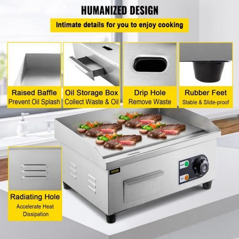 Stainless steel 14-inch electric countertop griddle with eggs and vegetables
30-inch commercial electric flat-top grill with accessories
Non-stick restaurant griddle with oil drain system
Electric griddle set with spatulas and splash guard
Heavy-duty commercial griddle for diner use