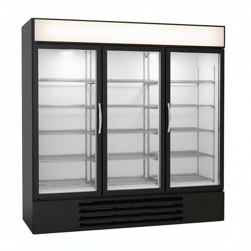 Commercial Glass Door Merchandiser Freezer – Black Finish, 1, 2 & 3 Door Models - with 3 DOOR FREEZER | Sold by Uncle Wiener's Wholesale