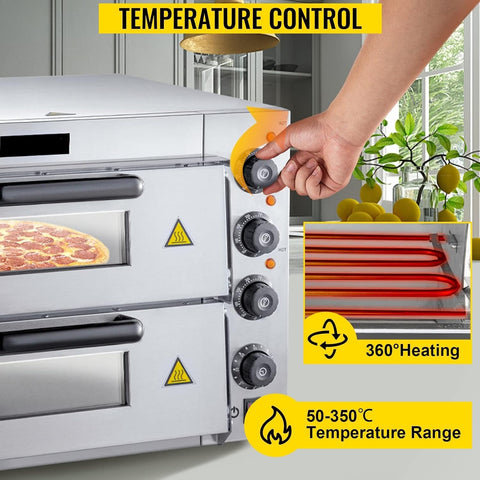 "Stainless steel single-layer commercial pizza oven with viewing window"
"Double-deck electric pizza oven for restaurant use"
"Countertop pizza oven with dual thermostats and internal lighting"
"Commercial pizza ovens side by side showing size and capacity"
"14-inch countertop pizza oven stainless steel design"
