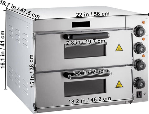"Stainless steel single-layer commercial pizza oven with viewing window"
"Double-deck electric pizza oven for restaurant use"
"Countertop pizza oven with dual thermostats and internal lighting"
"Commercial pizza ovens side by side showing size and capacity"
"14-inch countertop pizza oven stainless steel design"