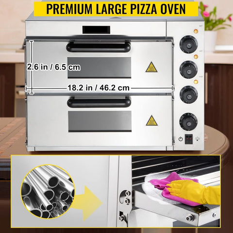"Stainless steel single-layer commercial pizza oven with viewing window"
"Double-deck electric pizza oven for restaurant use"
"Countertop pizza oven with dual thermostats and internal lighting"
"Commercial pizza ovens side by side showing size and capacity"
"14-inch countertop pizza oven stainless steel design"