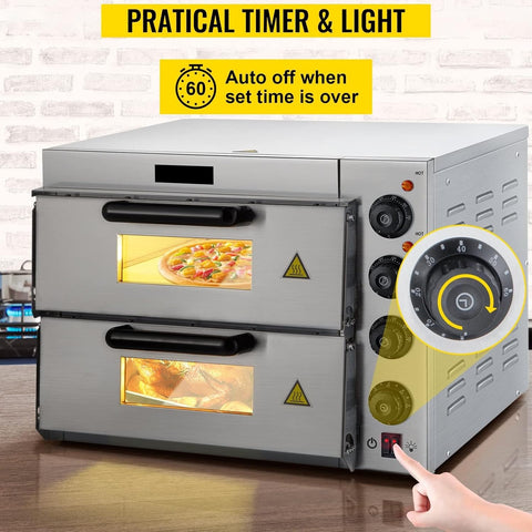 "Stainless steel single-layer commercial pizza oven with viewing window"
"Double-deck electric pizza oven for restaurant use"
"Countertop pizza oven with dual thermostats and internal lighting"
"Commercial pizza ovens side by side showing size and capacity"
"14-inch countertop pizza oven stainless steel design"