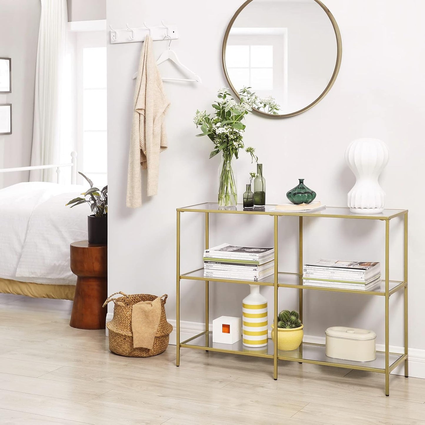 Console Table with Tempered Glass Shelves, 3 Tier Entryway Table, Sofa Table for Hallway, Living Room, Bedroom and Foyer Metallic Gold and Clear Glass LGT27G - with | Sold by Uncle Wiener's Wholesale