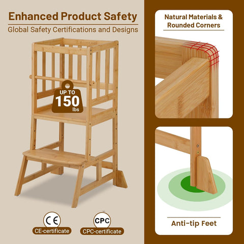 COSYLAND Toddler Tower, Bamboo, Natural, Large - with | Sold by Uncle Wiener's Wholesale