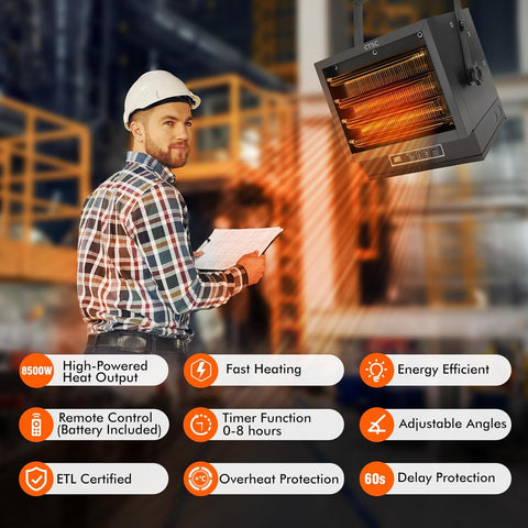 CTSC 8500W Electric Garage Heater, 240v Hard Wired Fan - Forced Ceiling Mount Shop Heater with Remote, Unique Voltage Display Design, Digital Thermostat, 8 - Hour Timer, Ideal for Workshop, ETL Listed - with | Sold by Uncle Wiener's Wholesale