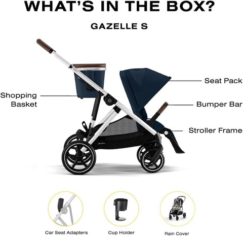 Cybex Gazelle S 2 Stroller – Modular Double Stroller for Infant and Toddler, Includes Detachable Shopping Basket, Over 20+ Configurations, Folds Flat for Easy Storage - Ocean Blue/Silver Frame - with | Sold by Uncle Wiener's Wholesale