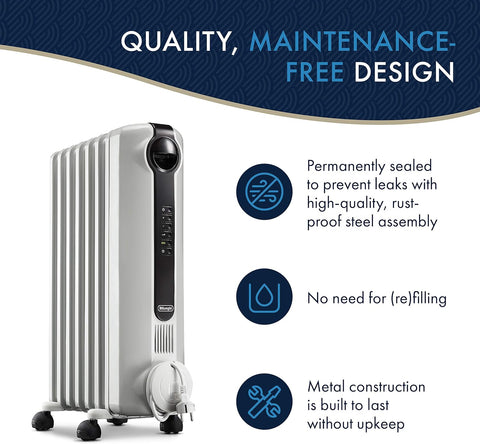 De'Longhi Oil - Filled Radiator Space Heater, Full Room Quiet 1500W, Adjustable Thermostat, 3 Heat Settings, Digital Timer, ECO Energy Saving Mode, Safety Features, Light Gray, Radia S TRRS0715ECA - with | Sold by Uncle Wiener's Wholesale