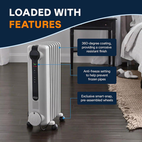 De'Longhi Oil - Filled Radiator Space Heater, Full Room Quiet 1500W, Adjustable Thermostat, 3 Heat Settings, Digital Timer, ECO Energy Saving Mode, Safety Features, Light Gray, Radia S TRRS0715ECA - with | Sold by Uncle Wiener's Wholesale