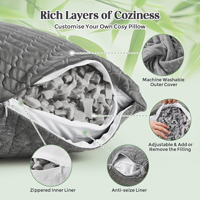 Dormirpilow Memory Foam Pillows Standard Size – Adjustable Shredded Foam Cooling Bed Pillows for Side, Back & Stomach Sleepers - Home products with | Sold by Uncle Wiener's Wholesale
