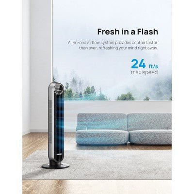 Dreo Nomad 36" Quiet Bladeless Oscillating Tower Fan Black/Silver - with Dimensions (Overall): 36.22 Inches (H) x 11.81 Inches (W) x 11.81 Inches (D) | Sold by Uncle Wiener's Wholesale