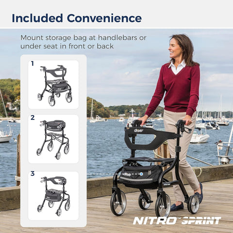 Drive Medical Nitro Sprint Foldable Rollator Walker with Seat, Standard Height Lightweight Rollator with Large Wheels, Folding Rolling Walker, Walker Rollator with Seat, Black - with | Sold by Uncle Wiener's Wholesale