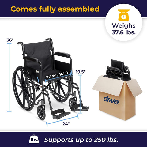 Drive Medical Single Axle Silver Sport 1 Wheelchair, Silver Vein, Fixed Arm, 18", 1 Each 1 Count - with | Sold by Uncle Wiener's Wholesale