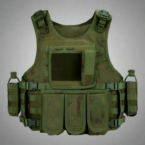 Black Tactical MOLLE Vest – Front View
Tactical Vest Worn by Model – Side View
Adjustable Combat Vest – Straps and Buckles Detail
MOLLE System Tactical Vest – Rear View
Tactical Vest in ACU and A-TACS Camo – Group Display