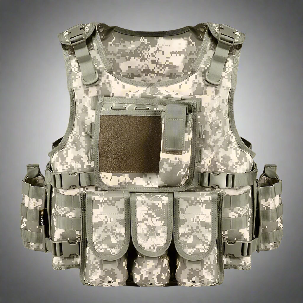 Black Tactical MOLLE Vest – Front View
Tactical Vest Worn by Model – Side View
Adjustable Combat Vest – Straps and Buckles Detail
MOLLE System Tactical Vest – Rear View
Tactical Vest in ACU and A-TACS Camo – Group Display