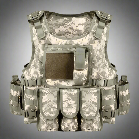 Black Tactical MOLLE Vest – Front View
Tactical Vest Worn by Model – Side View
Adjustable Combat Vest – Straps and Buckles Detail
MOLLE System Tactical Vest – Rear View
Tactical Vest in ACU and A-TACS Camo – Group Display