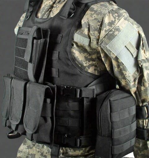 Black Tactical MOLLE Vest – Front View
Tactical Vest Worn by Model – Side View
Adjustable Combat Vest – Straps and Buckles Detail
MOLLE System Tactical Vest – Rear View
Tactical Vest in ACU and A-TACS Camo – Group Display