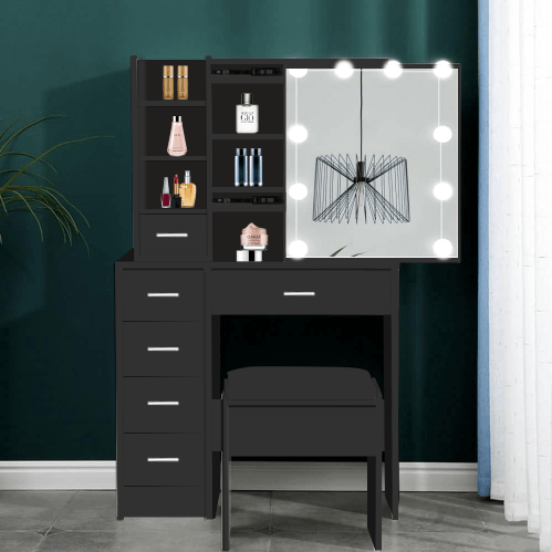 Elegant Vanity Desk with LED Lighted Mirror, Drawers & Stool – Makeup Dressing Table Set - with Black HDT025B | Sold by Uncle Wiener's Wholesale