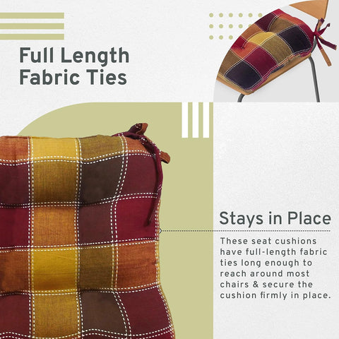 Essentials Harris Plaid Set of Four (4) Chair Pad Seat Cushions (Red) - Comfortable, Indoor, Dining Living Room, Kitchen, Office, Den, Washable, Fabric Ties, Spice, 4 Piece - with | Sold by Uncle Wiener's Wholesale