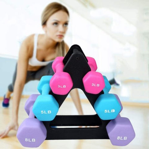 6-piece neoprene dumbbell set with 2, 3, 5 lb weights and storage rack
Color-coded neoprene dumbbells with anti-roll hex shape
Vertical rack holding pink, blue, and purple dumbbells for home fitness
Non-slip dumbbell set with compact stand for small spaces